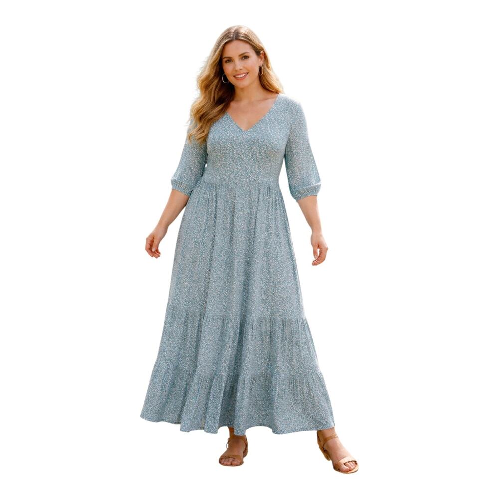 BODEN Women's 12 Violette Maxi Dress Ditzy Green Pink 3/4 Balloon Sleeve Crinkle